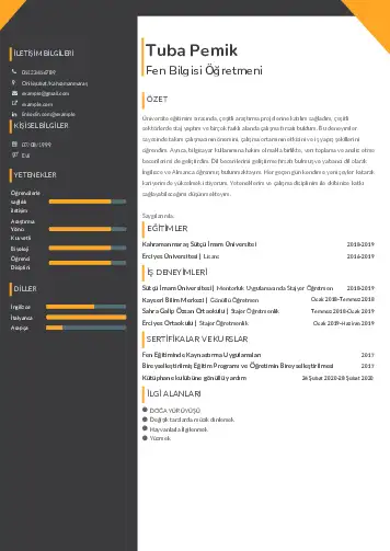 Fen Bilgisi Öğretmeni CV Örnekleri cv indir